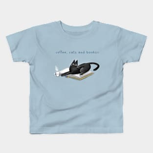 Cartoon black cat on a book and the inscription "Books, cats and coffee" Kids T-Shirt